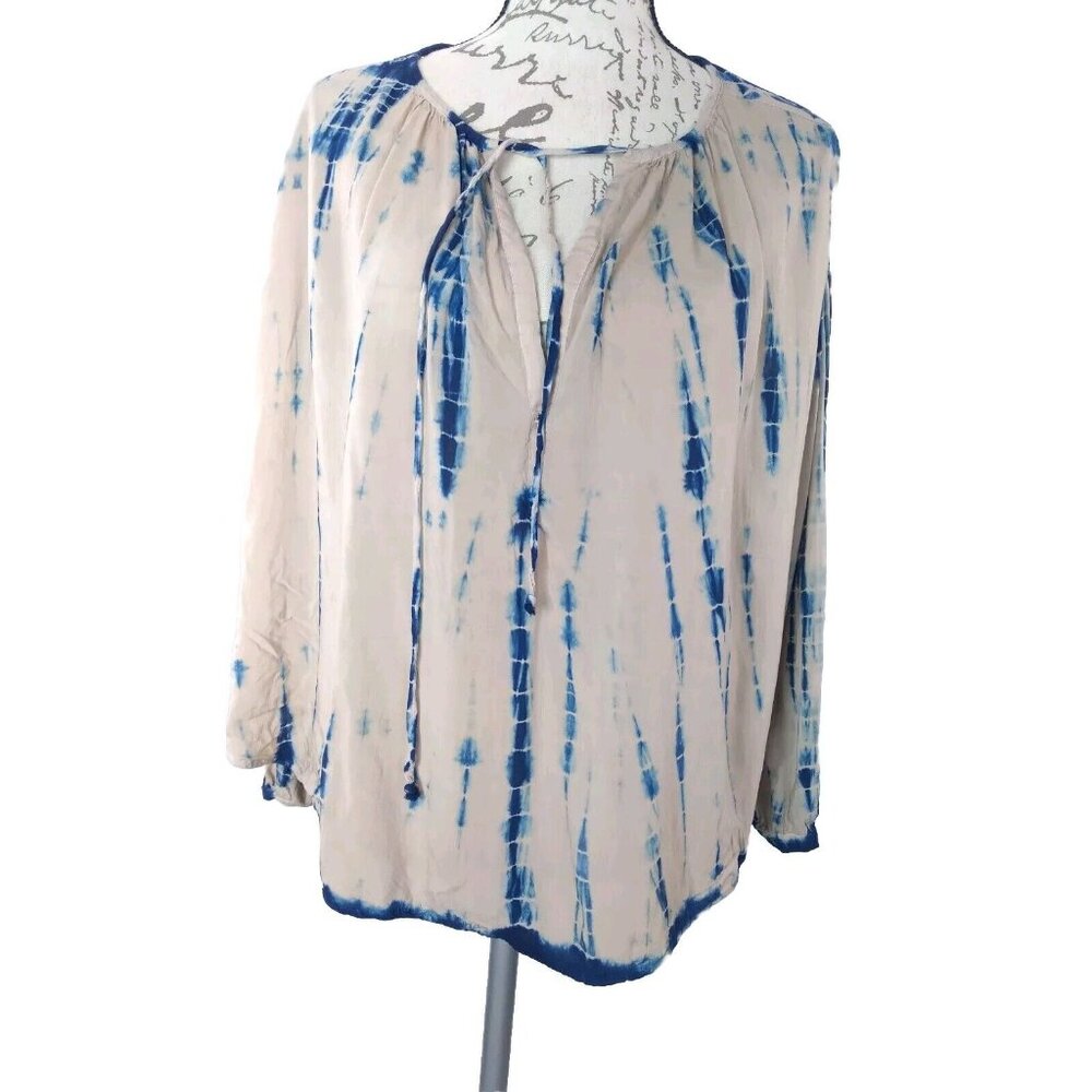 Vici Women's Tie Dye Blouse Low Keyhole Long Sleeve Fringed Boho size Medium